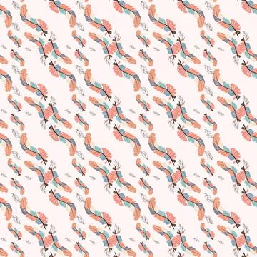Beautiful doodle seamless pattern of boho feathers on a pink background. Hand Illustrazione stock