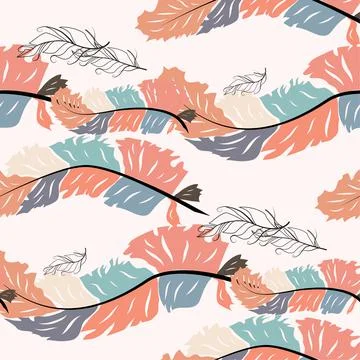 Beautiful doodle seamless pattern of boho feathers on a pink background. Hand 库存插图