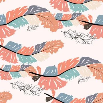 Beautiful doodle seamless pattern of boho feathers on a pink background. Hand Illustrazione stock