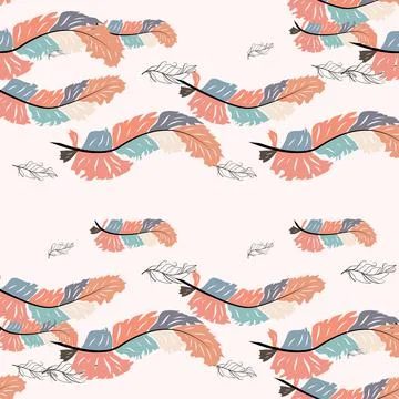 Beautiful doodle seamless pattern of boho feathers on a pink background. Hand Stock Illustration