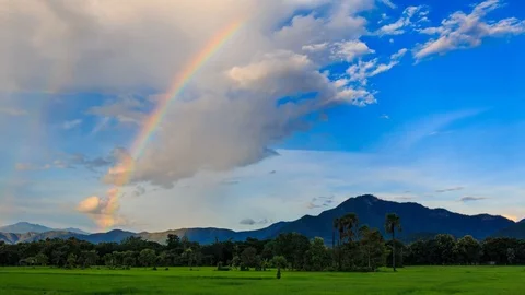 Beautiful Double Rainbows On Rainy Sky 4K Time Lapse Stock Footage 80688514