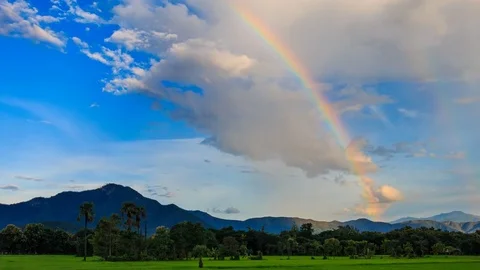 Beautiful Double Rainbows On Rainy Sky 4K Time Lapse (pan up) Stock Footage 80688661
