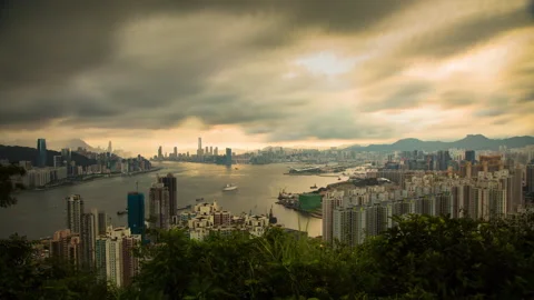 Beautiful dramatic clouds move over Hong Kong seen from Devil's Peak, timelapse Stock Footage 144544201