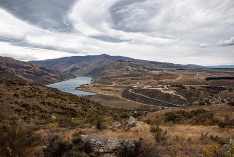 Beautiful dramatic stunning mountain views in Clyde New Zealand landscape Stock Photos