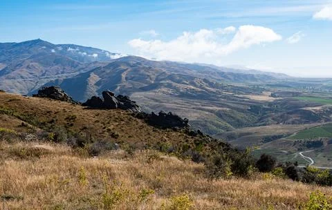 Beautiful dramatic stunning mountain views in Clyde New Zealand landscape Stock Photos