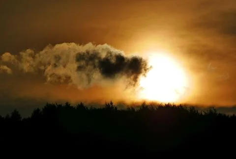 Beautiful dramatic sunset with clouds over treeline silhouette Stock Photos