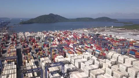 Beautiful drone aerial view of ship port terminal full of containers and ocean i Stock Footage 192873548