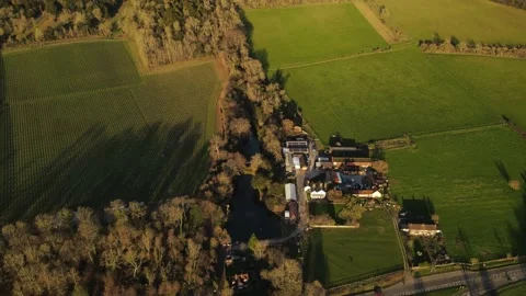 Beautiful drone shot hovering around the perfect Farm in the British country  Stock Footage 149851229