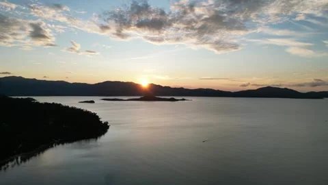 Beautiful Drone Shot Of The Setting Sun In Port Barton, Philippines Stock Footage 241817629