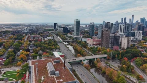 Beautiful drone view of the Don Valley Parkway, Riverdale Park, the Don River. Stock Footage 319869480