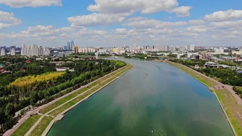 Beautiful drone view of the river in Nur Sultan.  Kazakhstan, Astana. Stock Footage 201735042