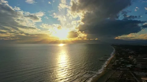 Beautiful drone view of sunset on the sea coast in Belek, Antalya, Turkey Stock Footage 196126800