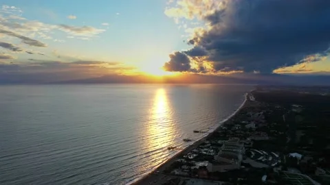 Beautiful drone view of sunset on the sea coast in Belek, Antalya, Turkey Stock Footage 196127111
