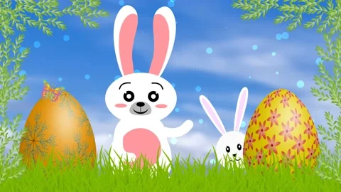 Beautiful Easter animation with decorative eggs, cute bunny and waving leafs Stock Footage 234107686