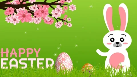 Beautiful Easter animation with flower branch, cute rabbit and some colour .. Stock Footage 234106590