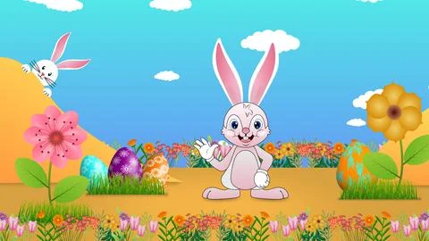 Beautiful easter background with bunny, flowers, eggs and sky background Illustrazione stock