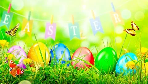 Beautiful Easter background with colorful Easter eggs. 3d illustration Stock Illustration
