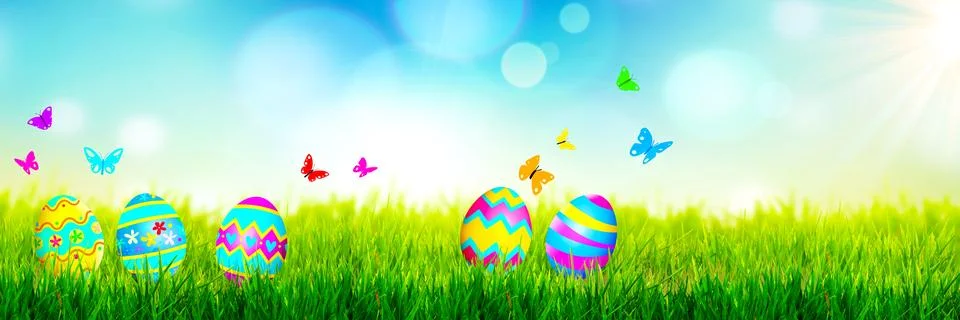 Beautiful Easter background with colorful Easter eggs. 3d illustration Stock-Illustration