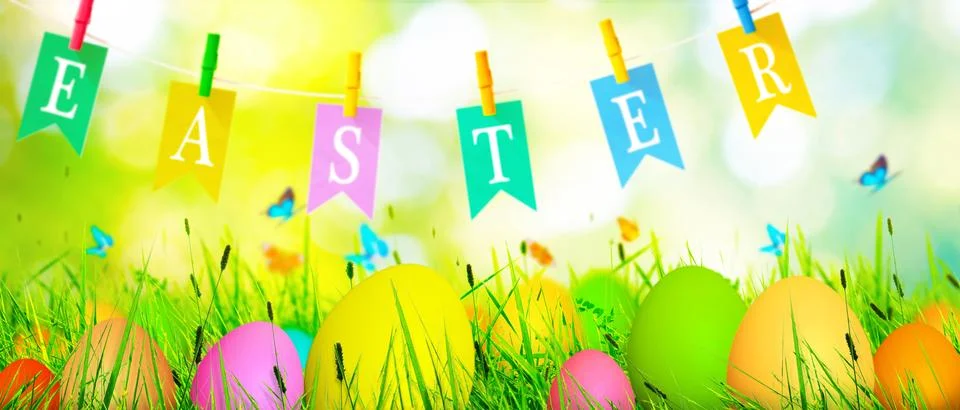 Beautiful Easter background with colorful Easter eggs Stock Photos