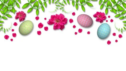 Beautiful easter background decorated with Rose flower,  green animated lea.. Stock Illustration