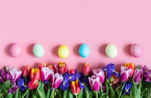 Beautiful Easter border with spring flowers and eggs on a pink background. Stock Photos