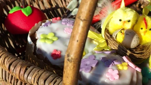 Beautiful Easter cakes, yellow chick in basket, willow Stock Footage 152227117