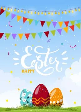 Beautiful Easter card, flyer, invitation, decorated eggs in the grass on a na Stock-Illustration