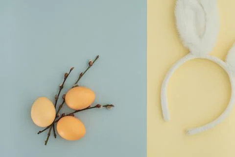 Beautiful easter composition with bunny ears, pastel easter eggs and pussy Stock Photos