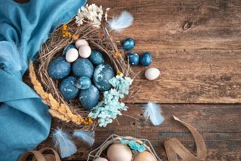 A beautiful Easter composition with colored eggs of different types in a bird's Stock Photos