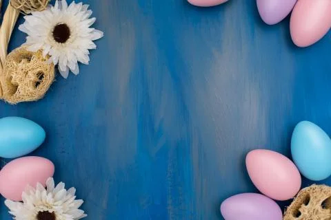 Beautiful Easter composition: colorful dyed eggs on a dark blue background Stock-Fotos