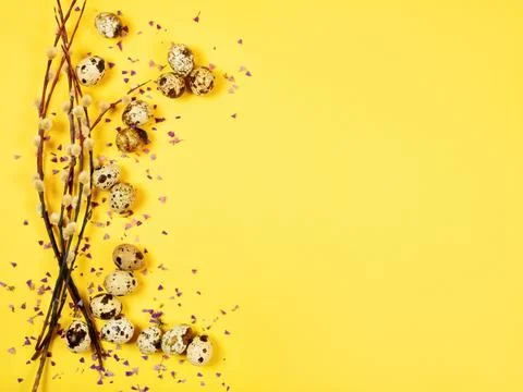 The beautiful easter composition of the willow branches and quail eggs on the Stock Photos