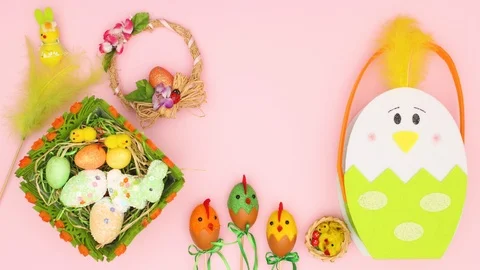 Beautiful Easter decoration on pink background - Happy Easter Stop motion Stock-Footage 120232842