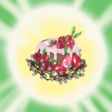 Beautiful easter Easter cake with flowers and berries and with colored eggs and Stock Illustration