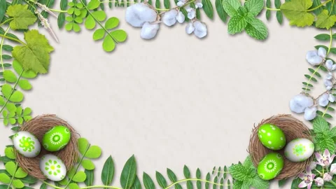 Beautiful easter eggs in bird nest with wild waving plants decorated frame .. Stock Footage 306077400