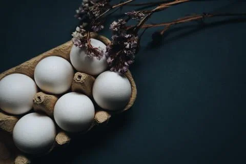 Beautiful Easter eggs concept. White easter eggs in carton box and dried flowers Stock Photos