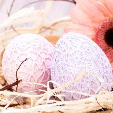 Beautiful Easter eggs in crocheted covers Stock Photos