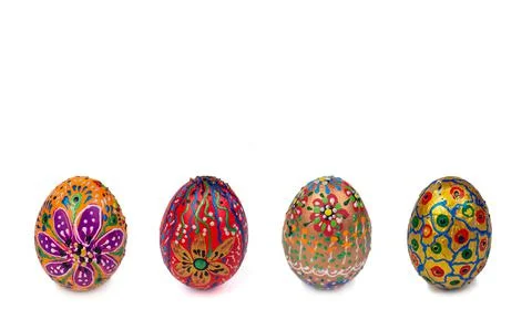 Beautiful Easter eggs painted by hand with acrylic paints. Isolated image Stock Photos