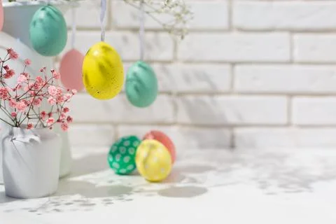 Beautiful Easter postcard background with copy space. Decorated interior Stock-Fotos