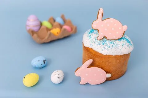 Beautiful easter still life with gingerbread in the form of a rabbit on an Stock Photos