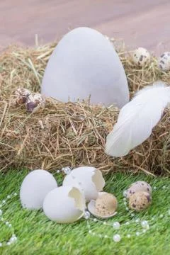 Beautiful easter straw basket with many eggs and white feather. Happy easter  Stock Photos