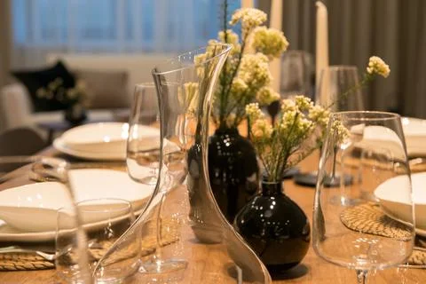 Beautiful Easter table setting with festive decor indoors Stock Photos