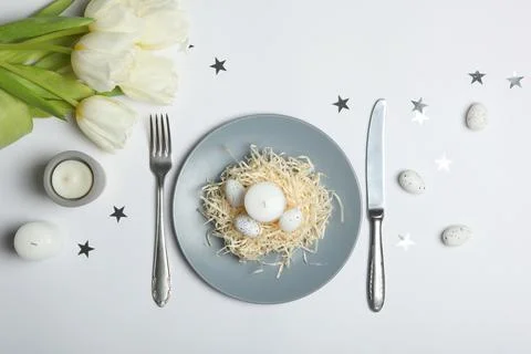 Beautiful easter table setting top view. Easter lunch. Stock Photos