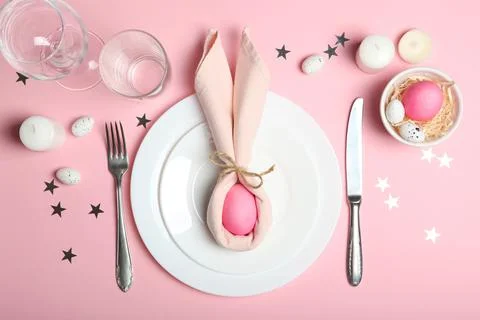 Beautiful easter table setting top view. Easter lunch. Photos