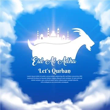 Beautiful eid mubarak islamic with mosque, goat, cloud and blue sky. Stock Illustration