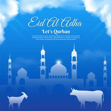 Beautiful eid mubarak islamic with mosque, goat, cloud and blue sky. Stock Illustration