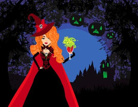 Beautiful elegant red-haired witch with a drink of poison Stock Illustration
