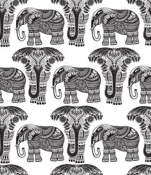 Beautiful elephant amili vector pattern. Hippie ethic hand drawn style. Stock Illustration