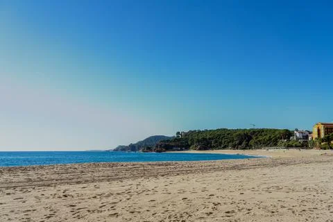 Beautiful empty beach landscape with clear blue sky and copy space Stock Photos