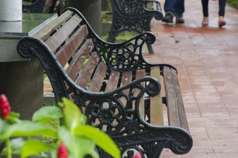 Beautiful Empty Bench On Footpath At Park.Old chairs on the alley. Stock Photos