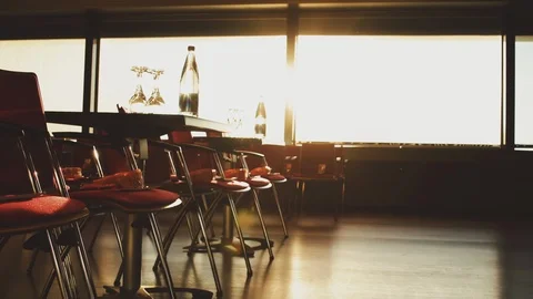 Beautiful empty event, conference hall, room with gold sunrise light. Stock Footage 114716010
